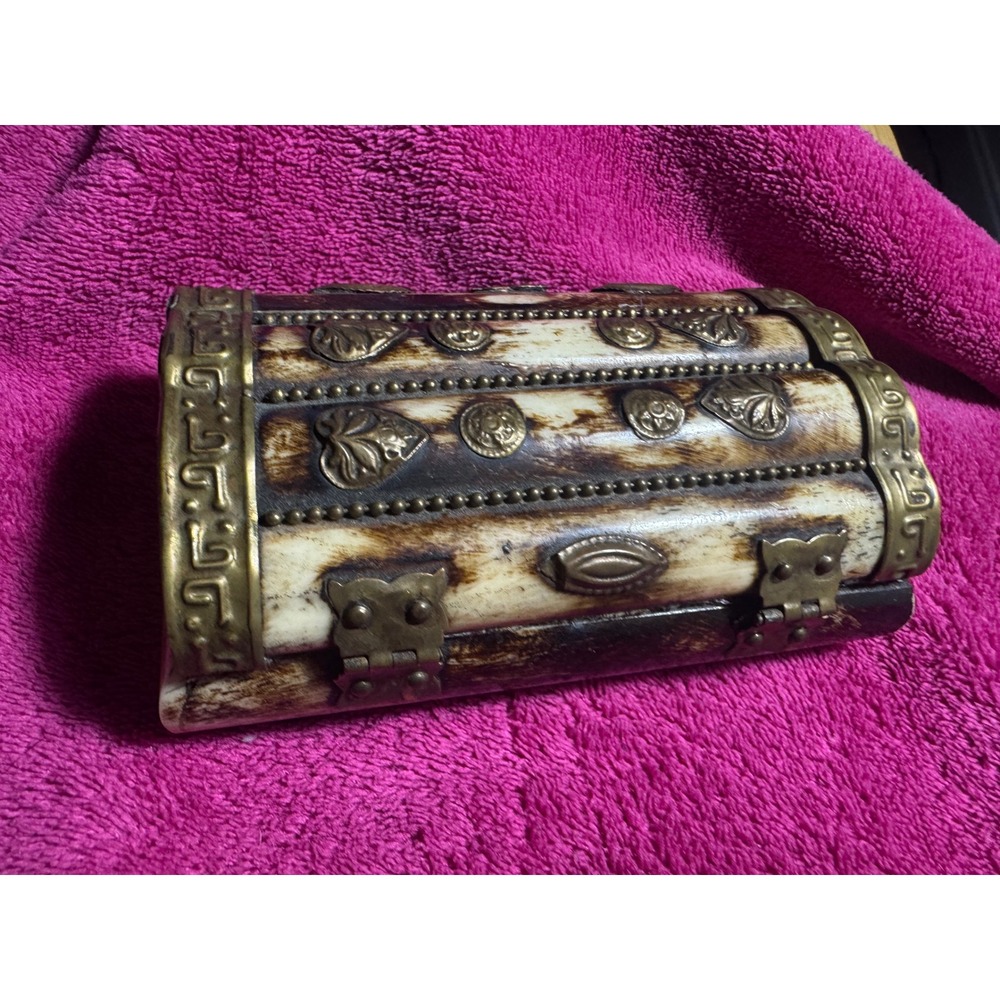 Vtg Camel Bone Brass Trinket Box Treasure Chest purple lined India 1970's
